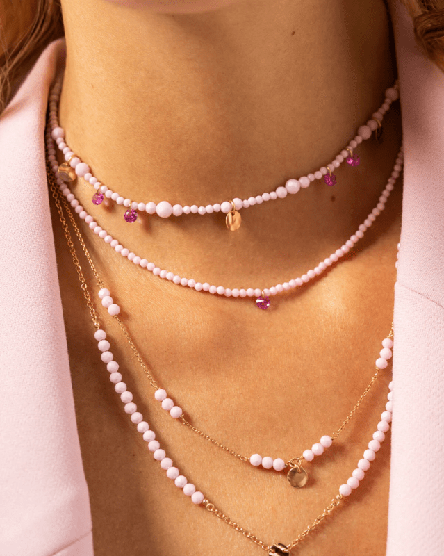 Girocollo Filo Di Pepite Zirconi Milky  Rosa - gr-031 m2 r au